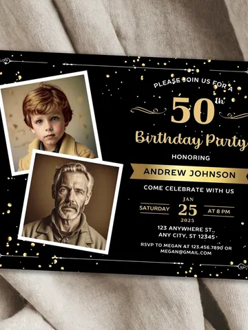 50th Birthday invitation with Photo | Adult Birthday Photo Invite | Mens birthday Black Gold landscape invitation card | Canva template $7.00
