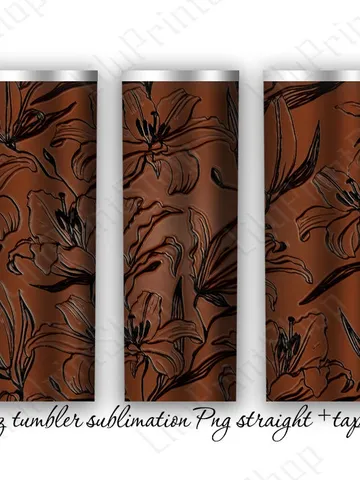 Tooled leather tumbler sublimation design png for 20oz skinny straight and tapered tumbler. Brown Floral tumbler wrap PNG Instant download $2.98
