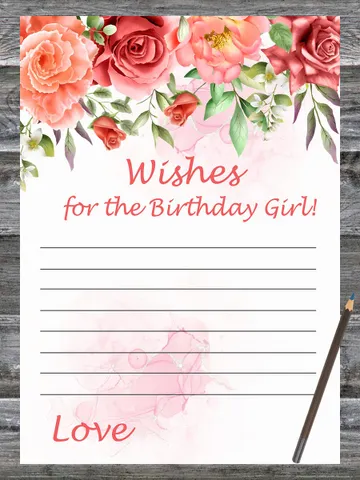 Red Rose Birthday Game Wishes for the birthday girl,Adult Birthday party game-fun games for her-Instant download $1.75