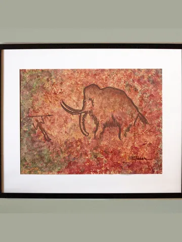 Hunter and mammoth wall art | Original Pastel and Watercolor Artwork Ancient Cave Painting Style | Prehistoric art | Handmade Artwork | Stylization of rock art | Drawings of a prehistoric man $115.00