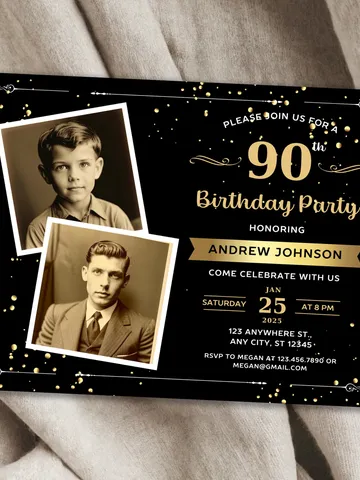 90th Birthday invitation with Photo | Adult Birthday Photo Invite | Mens birthday Black Gold landscape invitation card | Canva template $7.00