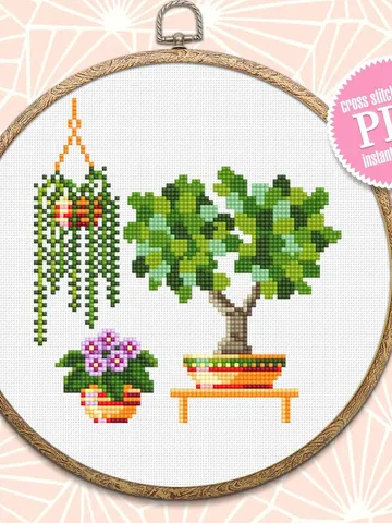 House plants cross stitch pattern download PDF, Small floral cross stitch chart, Garden beginner stitch, Potted plants embroidery PDF #P13 $3.20