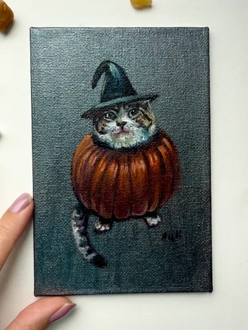 Black Cat Original Painting Oil Painting Halloween Pumpkin Cat $78.00