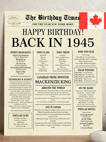 80th Birthday Newspaper Poster Canada, Born in 1945, Back in 1945 Canadian Edition, 80 Years Ago Printable Birthday Gift Sign $7.00