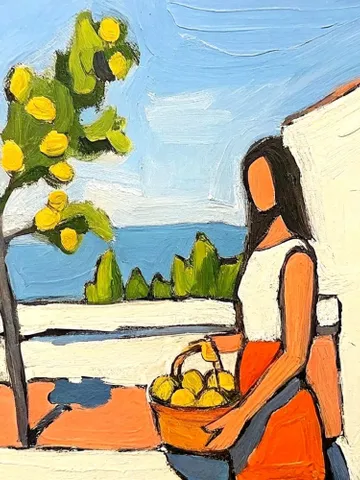 Woman with Basket of Lemons Oil Painting Yellow Lemon Tree Artwork Summer Kitchen Decor Gifts for Her by ArtProkopaloSv $180.00