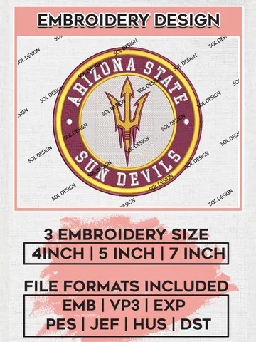 NCAA Arizona State Sun Devils Round Logo Embroidery, NCAA Arizona State Sun Devils Embroidery Design files, NCAA Teams, NCAA Machine embroidery designs, Digital Download