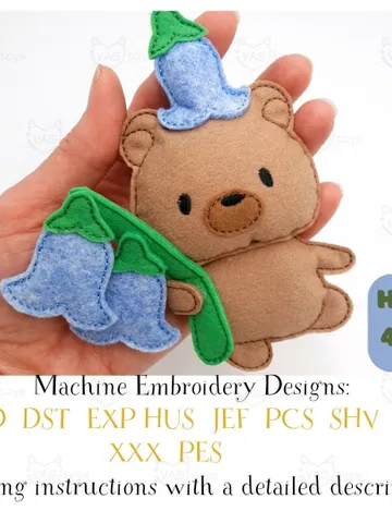 ITH Cute Bear with Flower Embroidery Design, Felt Stuffed Animal Teddy Toy Pattern, 4x4 Hoop Digital File $7.00