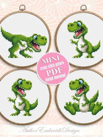 Dinosaur cross stitch pattern PDF download Set of 4 small t rex cross stitch chart, Cute dino pattern digital PDF, Jurassic animals #D15 $9.20