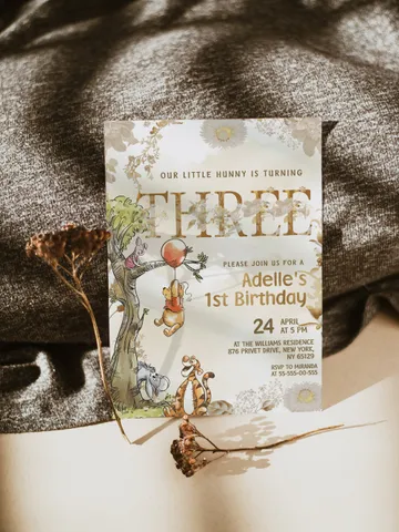 3rd Birthday Winnie the Pooh Inspired ; Classic Winnie Pooh Invitations; Neutral Winnie Pooh Turning three Winnie Pooh Birthday Party poom88 $12.78