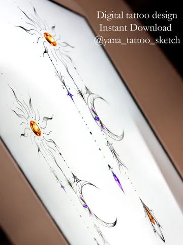 Sun And Moon Tattoo Design Fine Line Sun Moon Tattoo Stencil Idea Sketch, Instant download PDF, JPG $11.00