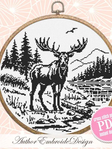 Woodcut elk cross stitch pattern PDF download Deer cross stitch chart, Monochrome animal pattern digital PDF, Mountain landscape #L86 $4.50