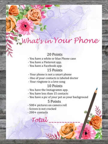 Flowers Birthday Game What's in Your Phone Birthday Party Game,Adult Birthday party game-fun games for her $1.75