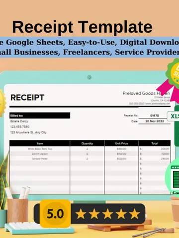 Receipt Template, Editable Google Sheets, Easy-to-Use, Digital Download for Small Business, Freelancers, Service Providers $5.46