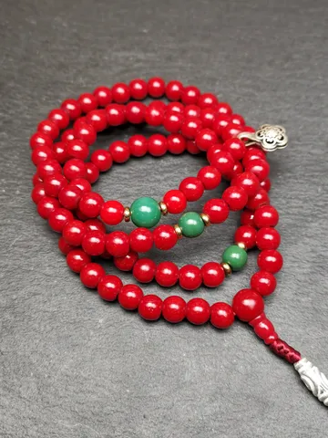 Gandhanra Old Tibeatan Red Glass Mala,8mm Prayer Beads with Turquoise Beads Silver Dzi Bead $129.99