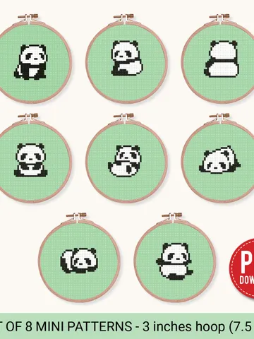 Bundle of 8 mini cute pandas Cross stitch patterns contemporary panda animals beginner counted modern chart gift DIY embroidery instant PDF $10.00