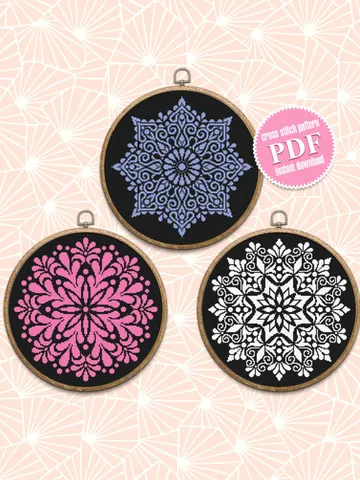 Flower mandala set cross stitch pattern PDF Monochrome mandala pattern Instant download PDF, Mandala ornament cross stitch chart #S47 $11.20