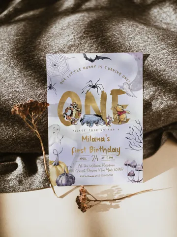Winnie the Pooh Halloween Birthday invitation Classic Winnie Pooh; Neutral Winnie Pooh Turning one Winnie Pooh Birthday Party $12.78