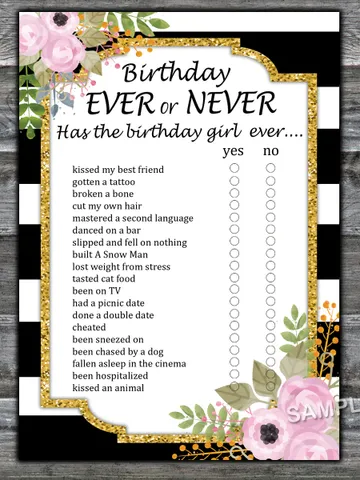Black White Striped Birthday ever or never game,Adult Birthday party game-fun games for her-Instant download $1.75