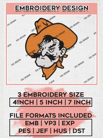 Oklahoma State Cowboys Mascot Embroidery Designs, NCAA Logo Embroidery Files, NCAA Oklahoma State Logo, NCAA Embroidery Designs, Machine Embroidery Designs, Digital Download $6.99