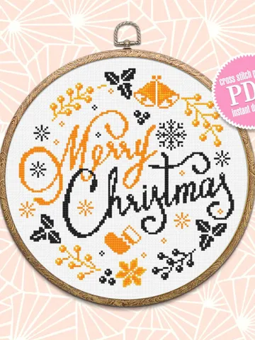 Merry Christmas cross stitch pattern download PDF Winter holiday cross stitch Round christmas ornament stitch chart DIY Christmas decor #N33 $4.00