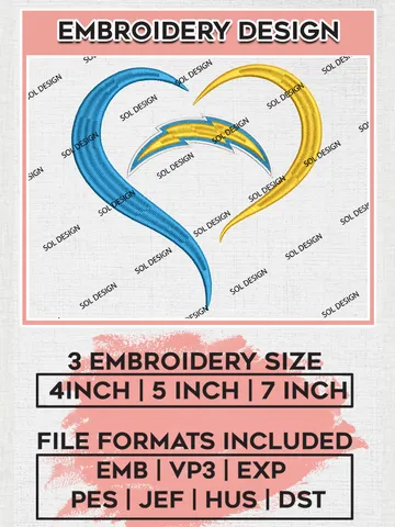 NFL Los Angeles Chargers Heart Embroidery Design Files, NFL Chargers Embroidery Designs, NFL Embroidery Designs, NFL Los Angeles Chargers Machine Embroidery Design, Digital Download $6.99