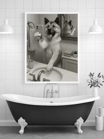 Funny Dog Selfie Bathroom Wall Art, Black and White Pup Photography Print, Cute Pet Lover Digital Download