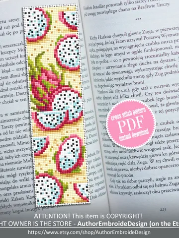 Dragon fruit bookmark cross stitch pattern download PDF Tropical fruit Pitaya cross stitch chart, Digital bookmark pattern, Fruit art #B156 $4.40