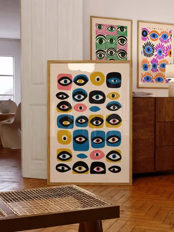 Colorful Eye Wall Poster, Whimsical Abstract Eye Art, Retro Grid Design, Mid Century Digital Print, Home Decor, Instant Download, crayz eyes