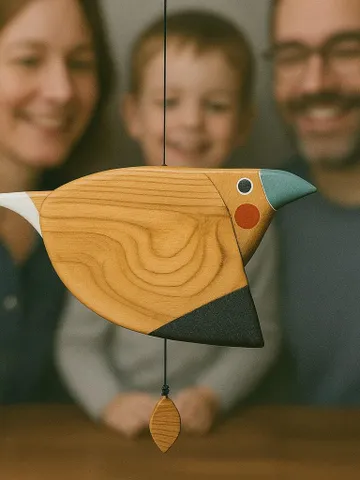 Wooden Sparrow Mobile - Handmade Flying Bird Decor with Moving Wings | Natural Wood Gift for Kids, Nursery or Garden Decoration