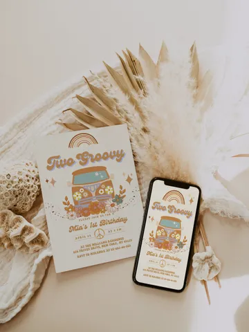 Two Groovy Editable Any Age Pink Groovy Van Daisy Rainbow Hippie Birthday Invitation Let's get Groovy 1st Birthday Invitation Template; gr1 $12.78