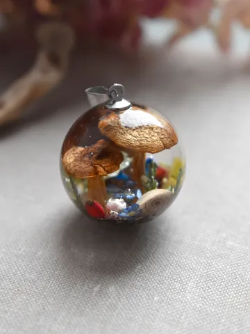 Mushroom necklace. Real Mushrooms pendant. Necklace with a forest composition. Moss, forget-me-not and snail in resin. $52.00