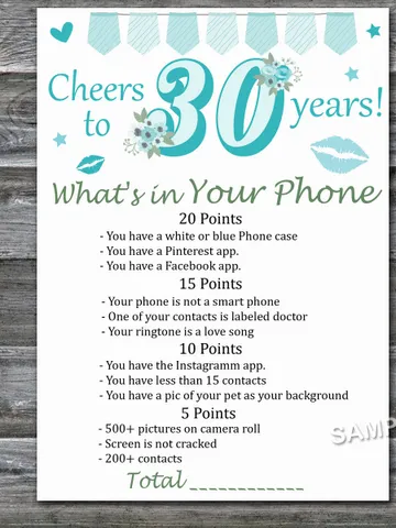 30th Birthday What's in Your Phone Birthday Party Game,Adult Birthday party game-fun games for her-Instant download $1.50