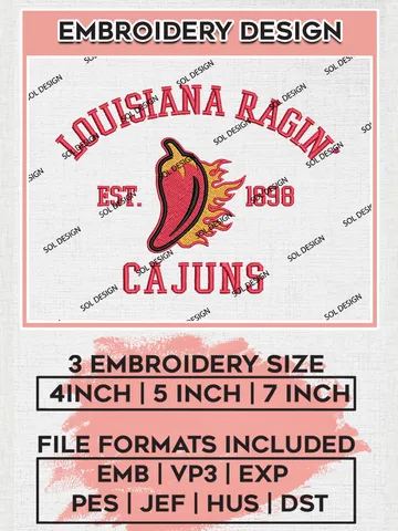 NCAA Louisiana Ragin Cajuns Est 1898 Logo Embroidery Designs, NCAA Louisiana Ragin Cajuns Team Embroidery, NCAA Team Logo, 3 sizes, Machine embroidery Files, Digital Download $6.99