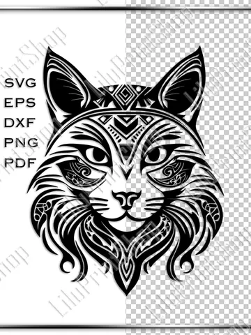 Tribal cat head svg laser cut Tattoo cat cut file for Cricut Silhouette, cnc, png, eps, dxf, pdf. Instant download $2.71