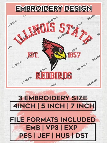 Illinois State Redbirds Est 1857 Logo Embroidery Designs, NCAA Illinois State Redbirds Team Embroidery, NCAA Team Logo, 3 sizes, Machine embroidery Files, Digital Download $6.99