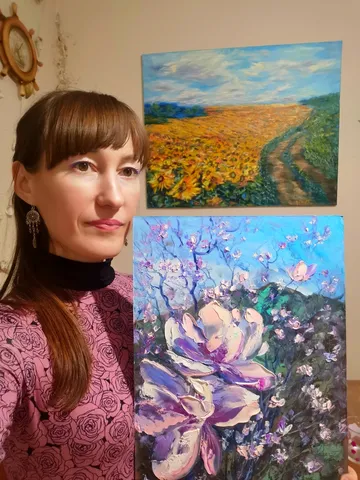 Magnolia Flowers Trees Mountains Original Art Oil Painting impasto Artist Svinar Oksana $110.00