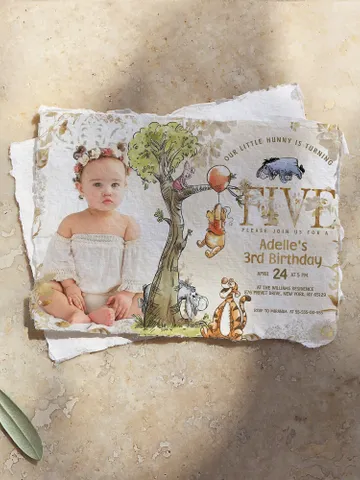 5th Birthday Winnie the Pooh Inspired ; Classic Winnie Pooh Invitations; Neutral Winnie Pooh Turning five; Winnie Pooh Birthday Party poom88 $12.78