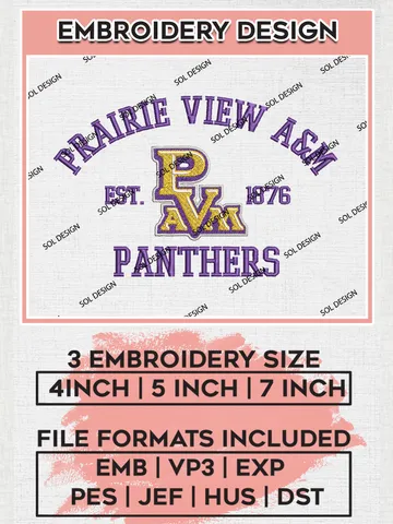 Prairie View A&M Panthers Est 1876 Logo Embroidery Designs, NCAA Prairie View AM Panthers Team Embroidery, NCAA Team Logo, 3 sizes, Machine embroidery Files, Digital Download $6.99