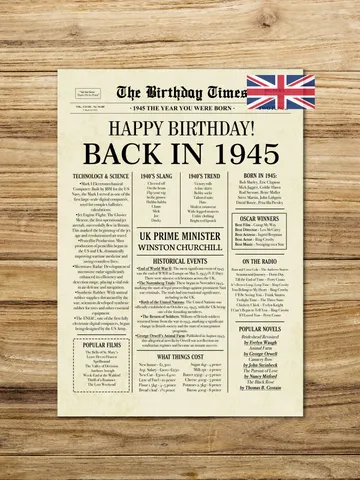 Back in 1945 United Kingdom | 80th Birthday Newspaper Sign | 1945 Birthday Poster UK | 80th Birthday Gift | 80 years ago back in 1945 $6.50