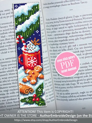 Bookmark cross stitch pattern download PDF Christmas coffee mug cross stitch Holiday embroidery PDF, Gingerbread man cross stitch chart #B81 $4.40