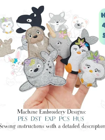 ITH Finger Puppet Theater Animals of the North Set, Arctic Felt Puppets & Scene Pattern, Machine Embroidery Design, Digital Download $15.00