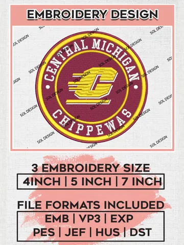 NCAA Central Michigan Chippewas Round Logo Embroidery, NCAA Central Michigan Team Logo Embroidery files, NCAA Teams, Machine embroidery designs, Digital Download $6.99