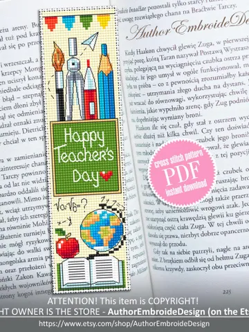 Teacher bookmark cross stitch pattern PDF download Happy teachers day, Handmade bookmark pattern digital PDF, Teachers day gift School #B351 $4.40