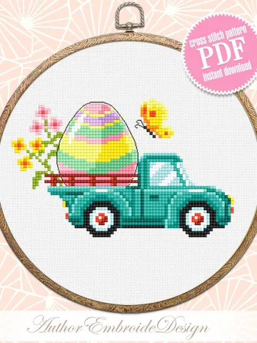 Easter truck cross stitch pattern PDF download Easter egg cross stitch chart, Easter digital pattern PDF for beginner, Farmhouse truck #T28 $3.60