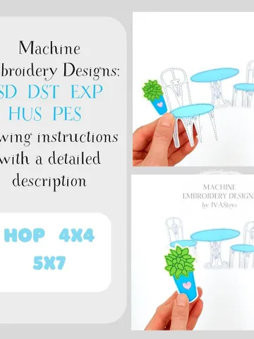 ITH Dollhouse Garden Furniture Embroidery Design Set, Felt Patio Table Chairs Pattern, Miniature Digital File $5.00