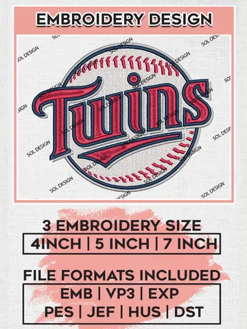 MLB Twins Baseball Logo Embroidery Design Files, MLB Minnesota Twins Team Embroidery, MLB Teams, 3 sizes, MLB Machine embroidery designs, Digital Download $6.99