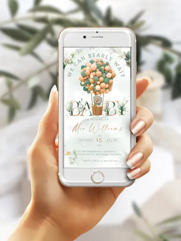 Teddy Bear Hot Air Balloon Baby Shower Digital Invitation; We can bearly wait; Editable Teddy Bear Ballons Baby Shower Smartphone Invitation $11.62
