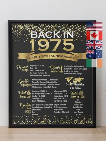 50th Anniversary Chalkboard Poster Sign, 50 Years Ago Back in 1975 USA, Australia, UK Events, White & Gold, 1975 Work or Retire Poster $7.99