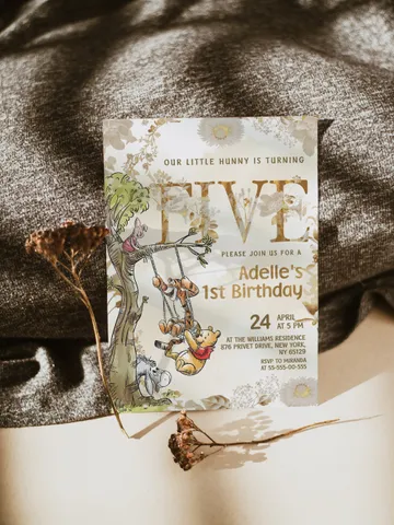 5th Birthday Winnie the Pooh Inspired ; Classic Winnie Pooh Invitations; Neutral Winnie Pooh Turning five; Winnie Pooh Birthday Party poom88 $12.78