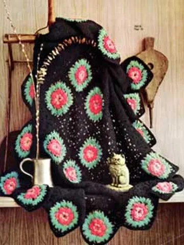 Crochet Pattern Vintage Afghan Black With Roses Digital Download PDF $1.90